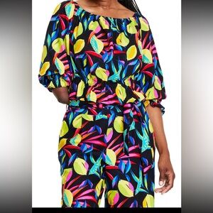 Tabitha Brown Women's Lemon Print Bardot SET Top & Bottom M Wide Leg Linen Blend